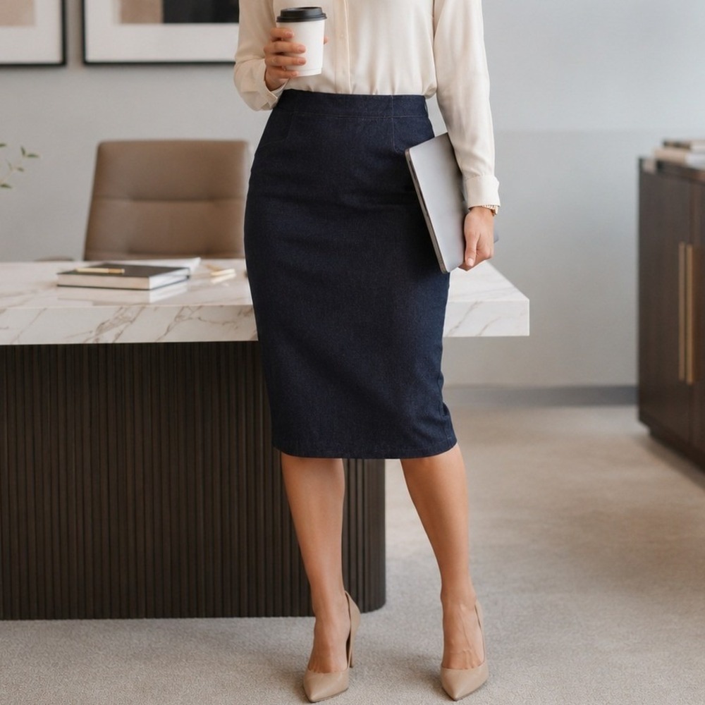 Evan-Picone Denim Look Pencil Skirt Career Office Midi Stretch Size 8 Minimalist - Picture 1 of 9